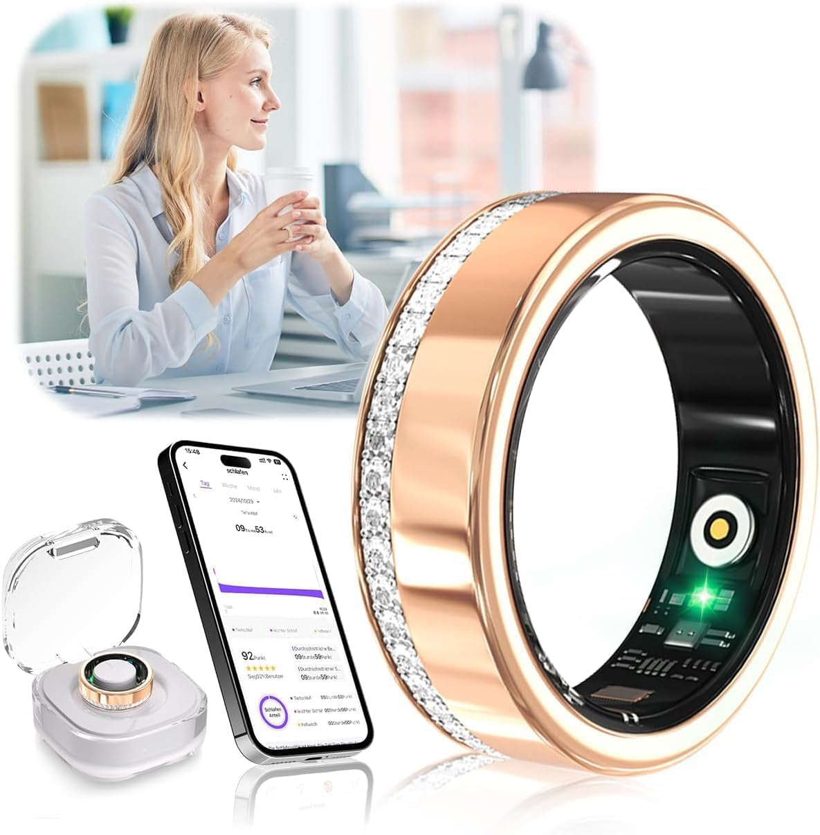 8 Gen Diamond Smart Ring and Wireless Charging Case [Industry Rank 1-0 Measurement Error] 2026 Smart Ring for Women - Advanced Health Tracker for Wellness and Activity Tracking, Gold 10#