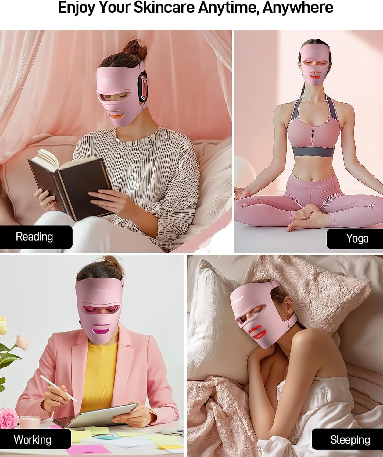 Red Light Mask, Silicone Cordless Led Mask with 368 Chips 2000Mah Rechargeable 3 Modes & Timer, Blue Light Infrared Face Mask Home Travel Working, Pink