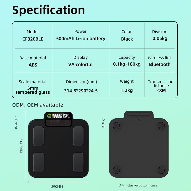 Unique VA BMI Smart Body Fat Scale Solar Powered Electronic Weight Scale with Body Composition Wifi Connectivity App Control