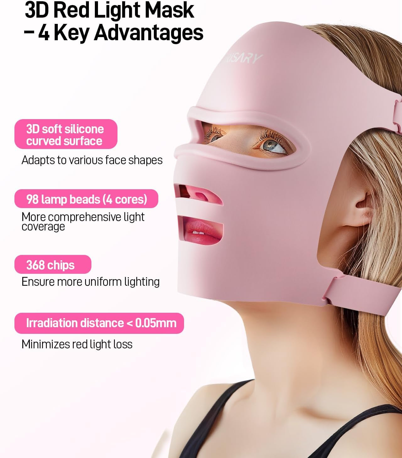 Red Light Mask, Silicone Cordless Led Mask with 368 Chips 2000Mah Rechargeable 3 Modes & Timer, Blue Light Infrared Face Mask Home Travel Working, Pink