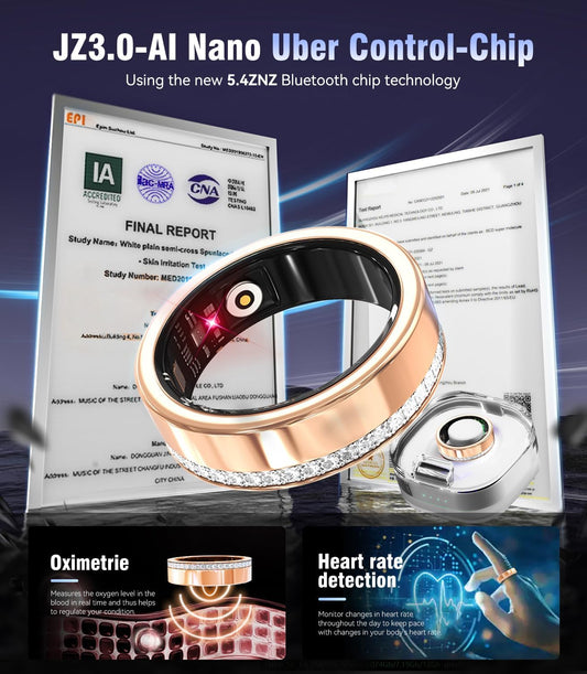 8 Gen Diamond Smart Ring and Wireless Charging Case [Industry Rank 1-0 Measurement Error] 2026 Smart Ring for Women - Advanced Health Tracker for Wellness and Activity Tracking, Gold 10#